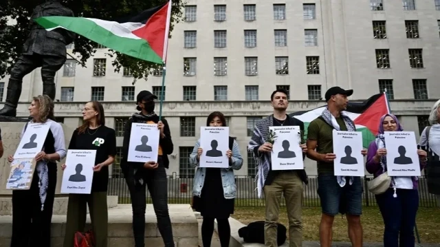 Members of National Union of Journalists (NUJ) hold a solidarity event outside Downing Street for colleagues killed in Gaza during Israeli attacks, in London, United Kingdom on August 27, 2025.