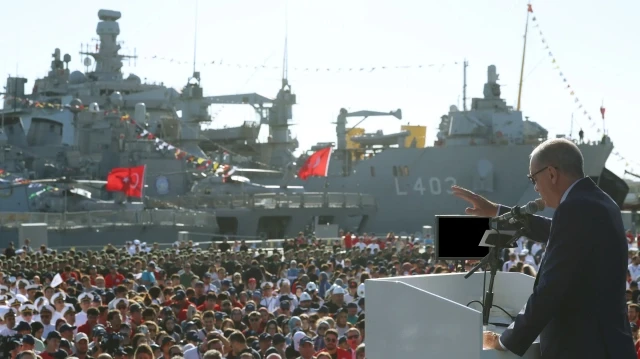 Le président Recep Tayyip Erdogan a prononcé un discours lors du programme TEKNOFEST Patrie Bleue, organisé au Commandement du chantier naval d’Istanbul, le 28 août 2025.