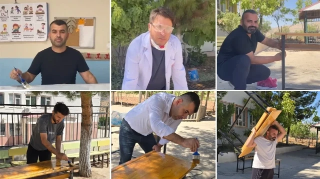 Siirt'te müdür ve öğretmenler okul için kolları sıvadı veliler de yardıma geldi