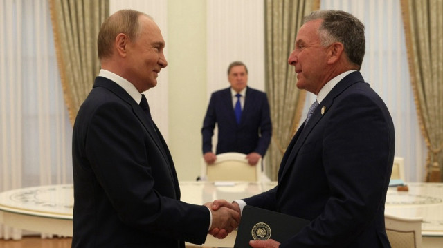 Russian President Vladimir Putin (L) meets with US President's Special Envoy Steve Witkoff (R) at Kremlin Palace in Moscow, Russia on August 06, 2025.