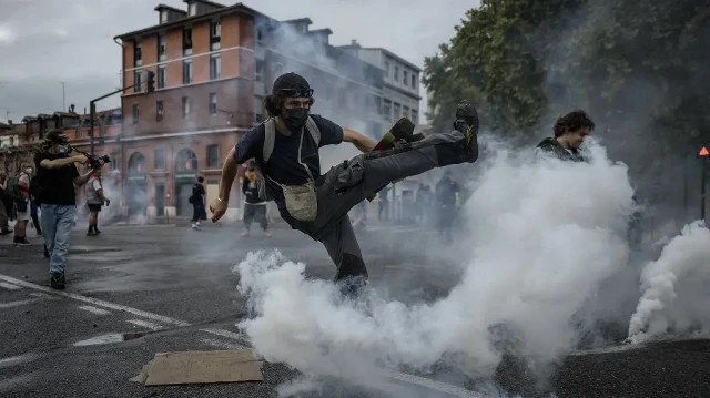 Un manifestant donne un coup de pied dans une grenade lacrymogène lors d'une manifestation organisée dans le cadre du mouvement de protestation "Bloquons tout", à Toulouse, le 10 septembre 2025.