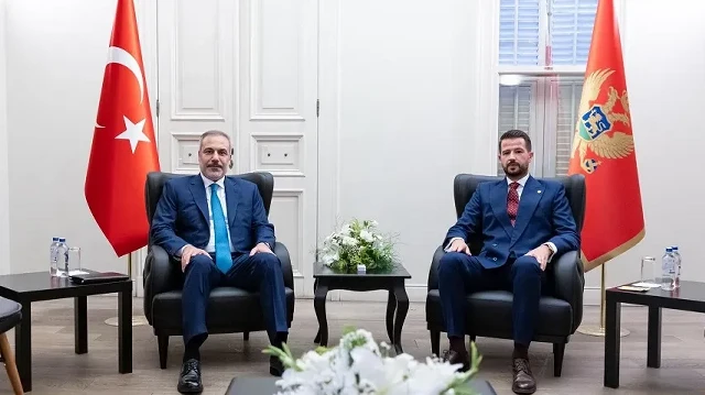 Turkish Foreign Minister Hakan Fidan (L) meets with Montenegrin President Jakov Milatovic during the Montenegro Statehood Day reception in Istanbul, Turkiye, on September 10, 2025.