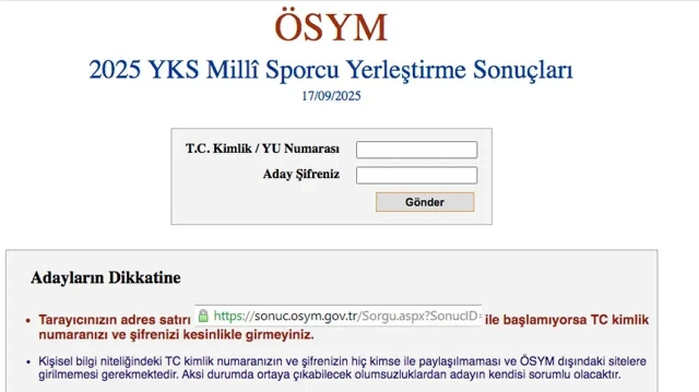 Milli sporcu yerleştirme sonuçları