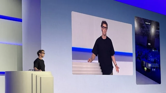 Le PDG de Meta, Mark Zuckerberg, présentant les nouvelles Meta Ray-Ban Display lors de la conférence Meta Connect 2025 à Menlo Park, Californie, le 17 septembre 2025.