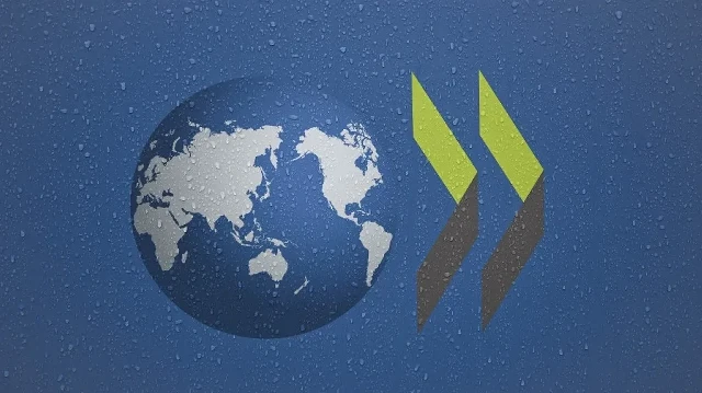 Logo de l’Organisation de coopération et de développement économiques (OCDE) au siège de l’organisation à Paris, le 5 décembre 2024.