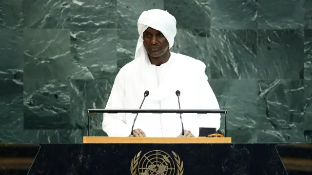 Le Premier ministre du gouvernement de transition du Niger, Ali Mahaman Lamine Zeine, s'adresse à l'Assemblée générale des Nations unies au siège de l'ONU à New York, le 27 septembre 2025.