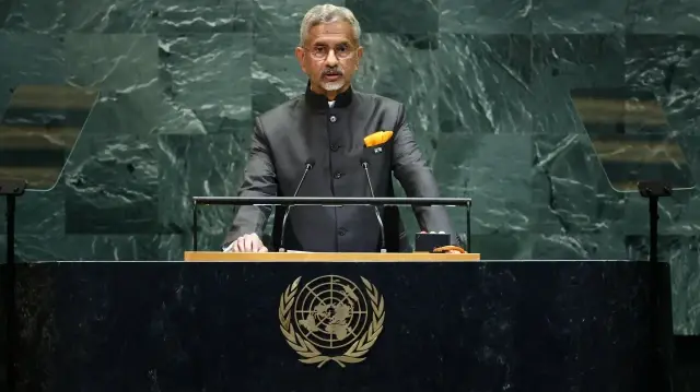 Le ministre indien des Affaires étrangères, Subrahmanyam Jaishankar, s'adresse à l'Assemblée générale des Nations unies au siège de l'ONU à New York, le 27 septembre 2025.
