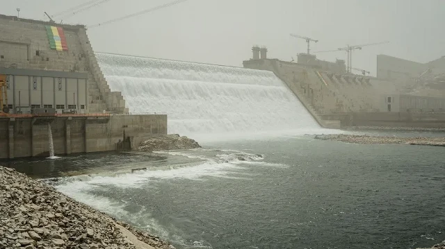 Vue générale du barrage Grand Ethiopian Renaissance Dam (GERD) à Guba, en Éthiopie, le 20 février 2022.