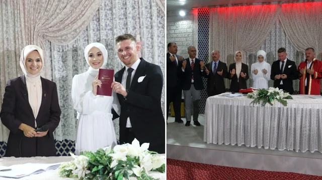 Genç çift, evlilik cüzdanını Aile ve Sosyal Hizmetler Bakanı Mahinur Özdemir Göktaş'tan aldı