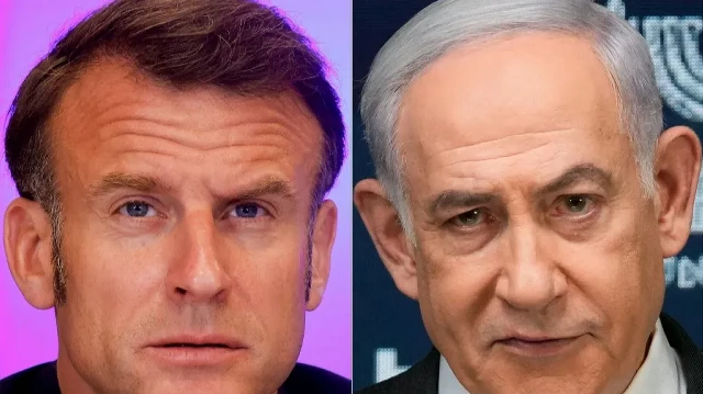 Cette combinaison d'images créée le 14 mai 2025 montre le président français Emmanuel Macron (à gauche) lors d'une réunion de la "Coalition des volontaires" au palais Mariynsky à Kiev le 10 mai 2025, et le Premier ministre israélien Benjamin Netanyahu s'exprimant lors d'une conférence de presse à Jérusalem le 2 septembre 2024.