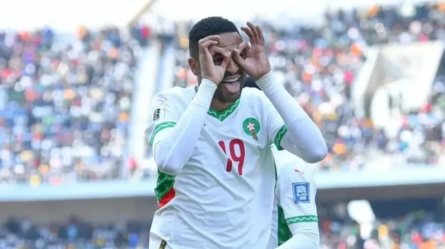 Le buteur marocain Youssef En-Nesyri célèbre son but avec l'aquipe nationale marocaine, le 8 septembre 2025.