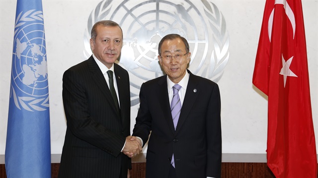 President Recep Tayyip Erdogan (L) shakes hand with United Nations Secretary General Ban Ki-moon prior to a meeting in New York, United States