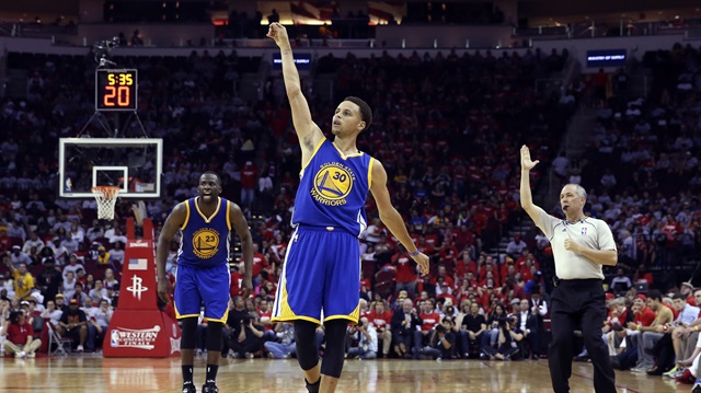 May 23, 2015; Houston, TX, USA; Golden State Warriors guard Stephen Curry (30) reacts after shooting during the game against the Houston Rockets in game three of the Western Conference Finals of the NBA Playoffs at Toyota Center. Mandatory Credit: Troy Taormina-USA TODAY Sports