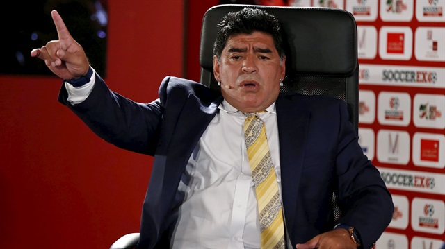 Argentina's former soccer player Diego Maradona speaks in the Soccerex Asian Forum on developing the business of football in Asia at the King Hussein Convention Center at the Dead Sea, Jordan, May 4, 2015. Maradona launched a blistering attack on FIFA president Sepp Blatter on Monday saying that world soccer's governing body had descended into anarchy with the 79-year-old Swiss in charge. REUTERS/Muhammad Hamed