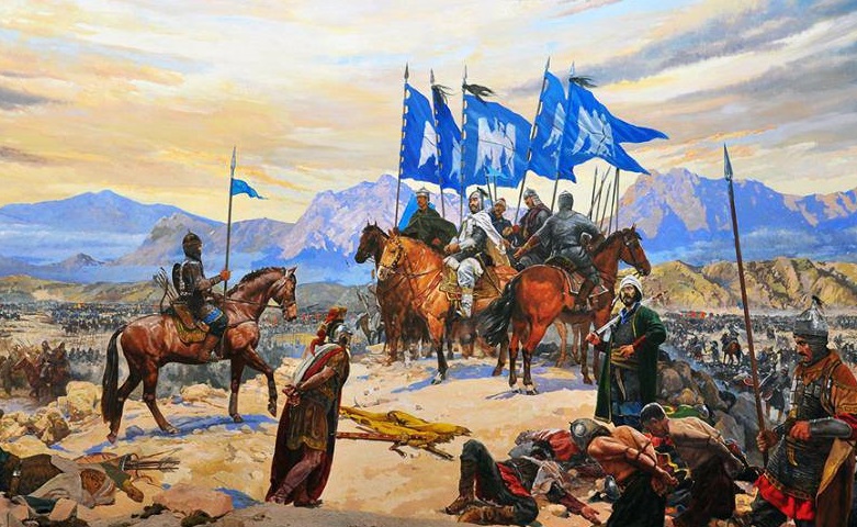 Malazgirt Savaşı'nı tasvir eden bir tablo. Sultan Alparslan beyaz kıyafetiyle ortada