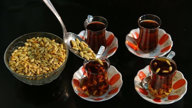  Yöredeki köylerde "cilveli çay" geleneği, yükselen çam fıstığı fiyatlarına rağmen devam ettiriliyor.
