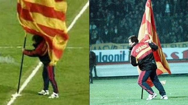 Galatasaray eski Teknik Direktörü Graeme Souness Saracoğlu'nun ortasına Galatasaray bayrağını dikiyor...