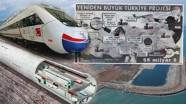 'Yeniden Büyük Türkiye Projesi'nde özellikle Boğaz'a Tüp Geçit, hızlı tren, 81 ile havaalanı gibi projeler dikkat çekiyor. Hürriyet'in dalga geçtiği bu projeler istikrarlı bir şekilde hayata geçiyor. 