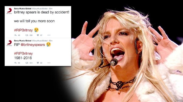 Sony Music'in Twitter hesabından 'Britney Spears öldü'  tweetleri atıldı.