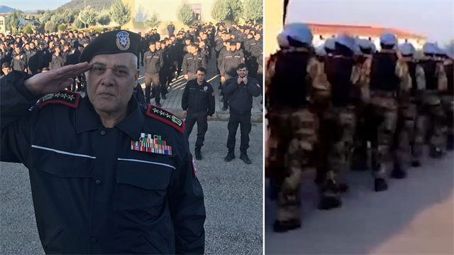 Asker selamı veren güvenlik güçlerinin, Türk polisinin üniformasıyla eğitime katıldığı görülüyor.