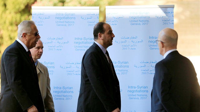 Head of opposition delegation for the Geneva IV conference on Syria Nasr al-Hariri arrives at the United Nations office in Geneva