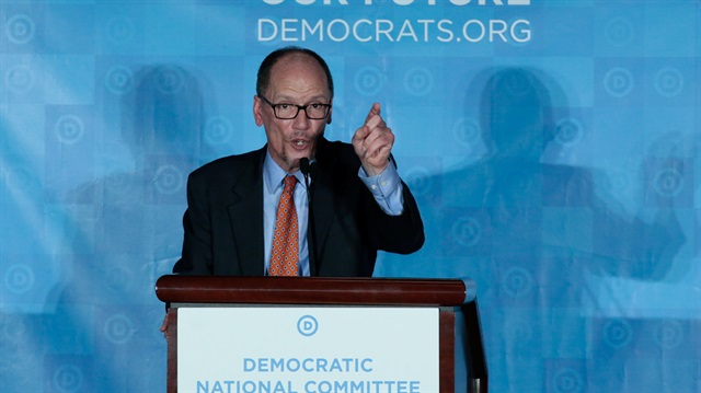 Tom Perez addresses the audience after being elected Democratic National Chair 