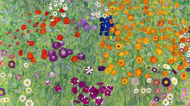 Klimt'in rengarenk çiçekleri resmettiği yağlı boya tablosu, 110x110 santimetre boyutlarında.