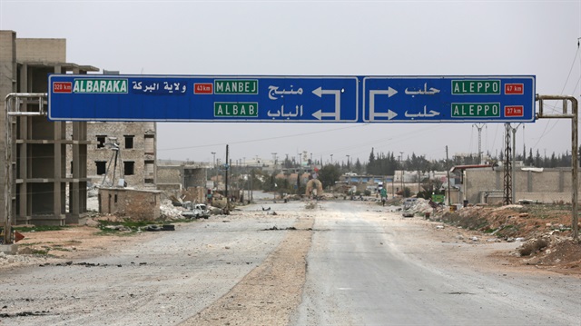 A road sign that shows the direction to Manbij city is seen in the northern Syrian town
