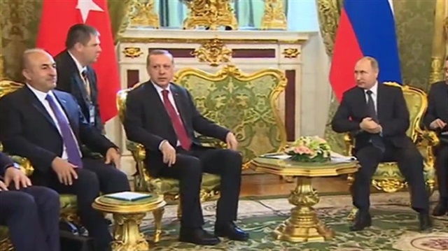 Recep Tayyip Erdoğan meeting Vladimir Putin in Moscow on an official visit. 