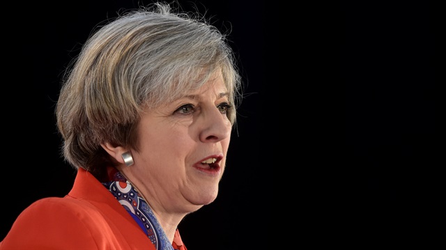 Britain's Prime Minister Theresa May speaks at the Conservative Party's Spring Forum in Cardiff