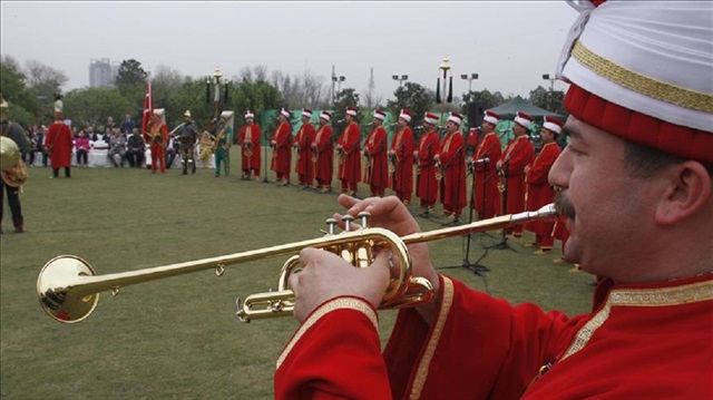 Members of a Turkish general staff Mehter team, an Ottoman military band perform Turkish traditional musics at Turkish Embassy in Islamabad, Pakistan