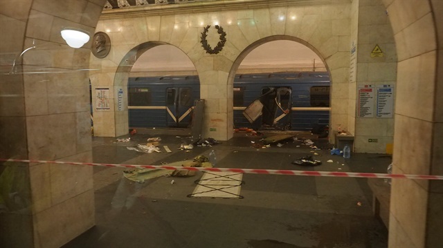 A train carriage damaged from an explosion, is seen at Tekhnologicheskiy institut metro 