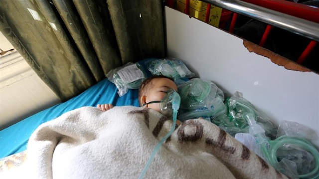 A child gets treatment at a hospital after Assad Regime forces attacked with chlorine gas to Khan Shaykhun town of Idlib, Syria