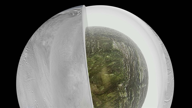 A diagram illustrates the possible interior of Saturn's moon Enceladus based on a gravity investigation 


