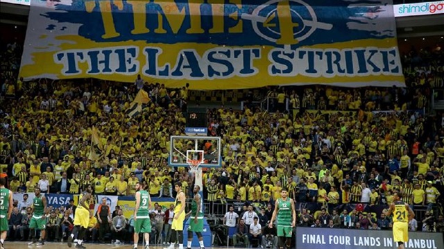 Fenerbahce fans support their team during the Turkish Airlines Euroleague playoffs match between Fenerbahce and Panathinaikos Superfoods at Ulker Sports Arena in Istanbul, Turkey on April 25, 2017.
