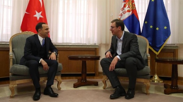 Serbian Prime Minister Aleksandar Vucic (R) received Turkey's Ambassador to Belgrade Tanju Bilgic (L) in Belgrade, Serbia on April 28, 2017.