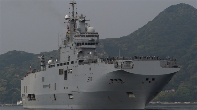 French amphibious assault ship Mistral arrives at Japan Maritime Self-Defense Force's Sasebo naval base