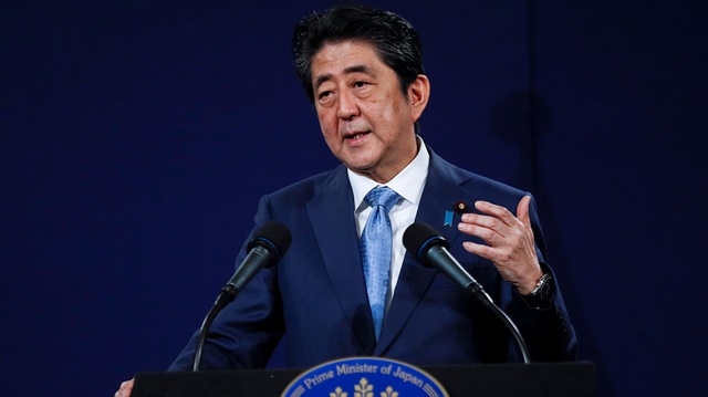 Japan's Prime Minister Shinzo Abe speaks during a news conference at a hotel in London
