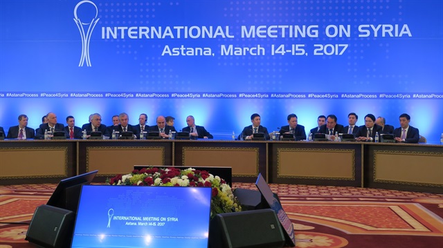 Russian President Putin's special envoy to Syria Alexander Lavrentiev (L) speaks during the third session of Syria peace talks in Astana, Kazakhstan on March 15, 2017. Besides Turkey and Russia, Iran also agreed to stand a guarantor for the ceasefire.