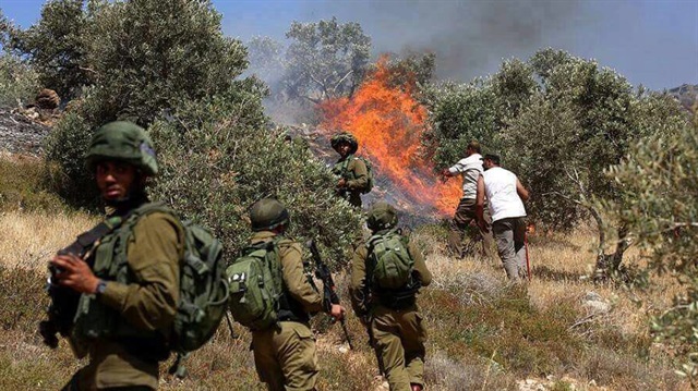 Batı Şeria'nın Burin köyünde bir grup Yahudi yerleşimci Filistinlilere ait tarım arazisini ateşe verdi.