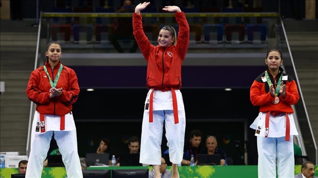 Dilara Bozan (C) of Turkey wins the gold medal in the Women's Karate Kata within the 4th Islamic Solidarity Games at Heydar Aliyev Arena in Baku, Azerbaijan on May 14, 2017.