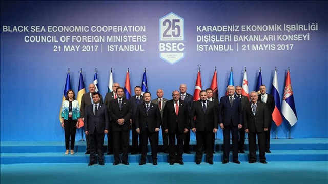 Turkish Deputy Prime Minister Tuğrul Türkeş (C) and other leaders pose for a family photo during the Organization of the Black Sea Economic Cooperation (BSEC) Foreign Ministers Meeting at Lutfi Kırdar Convention and Exhibition Center in Istanbul, Turkey on May 21, 2017.