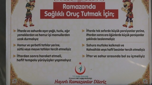 Erzurum Halk Sağlığı Müdürlüğü’nce Ramazan’da sağlıklı beslenme konusunda halka yönelik bilgilendirme çalışmalarına devam ediliyor.
