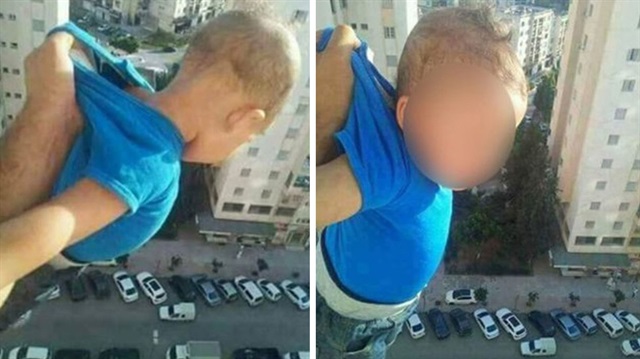 1000 beğeni alabilmek için 2 yaşındaki çocuğunu 15. kattan aşağıya sarkıttı.