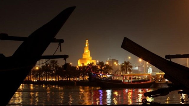 A mosque is seen alone a coastline in Doha, Qatar