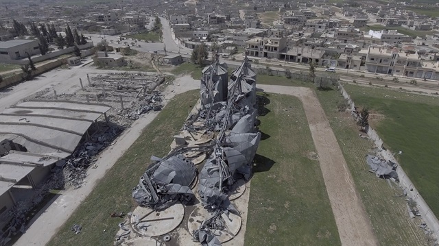 An aerial view shows the damaged cereals silo, located near-by 50 meters to residential area in Khan Shaykhun town of Idlib, after Assad Regime's suspected chemical attack in Idlib, Syria on April 8, 2017.