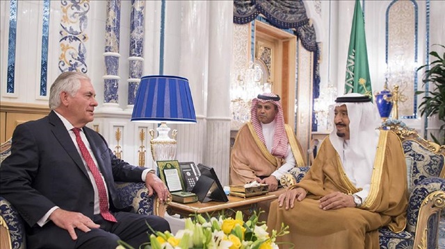 Saudi Arabia's King Salman bin Abdulaziz Al Saud (R) meets with US Secretary of State Rex Tillerson (L) at Al Salam Palace in Jeddah, Saudi Arabia on July 12, 2017.