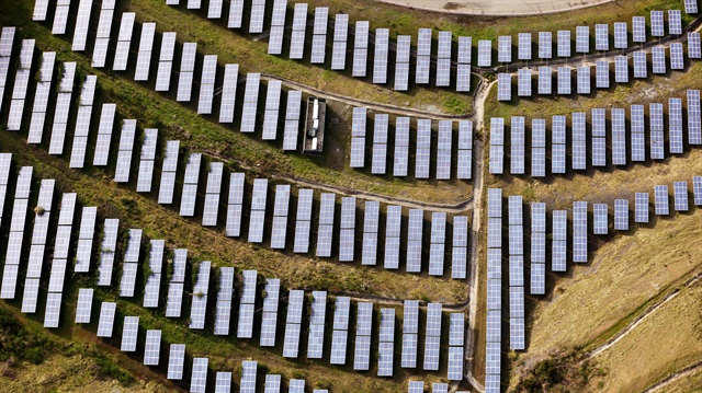 An array of solar panels are seen in Oakland, California, U.S.