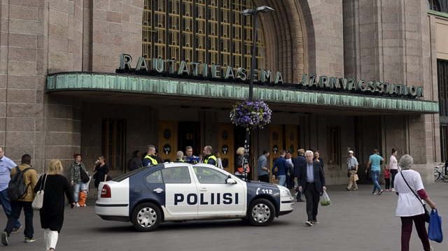 Finnish police patrol in front of the Central Railway Station, after stabbings in Turku