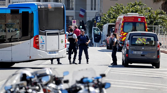 French police secure the area in the French port city of Marseille, France.